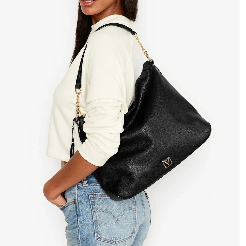 The Victoria Secret Black Pebbled Faux Leather Hobo Shoulder Bag Satchel Tote
